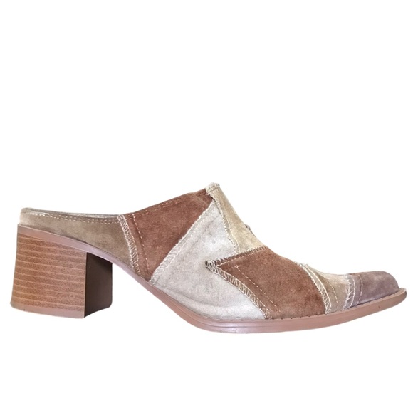 Vintage Y2K Women’s Bee Fly Size 8 Leather Patchwork Pointed Toe Block Heel Mule - Picture 2 of 13